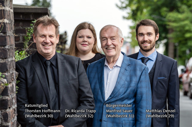 Die Ratskandidaten Thorsten Hoffmann, Dr. Ricarda Trapp, Manfred Sauer und Matthias Denzel stellen sich vor.
